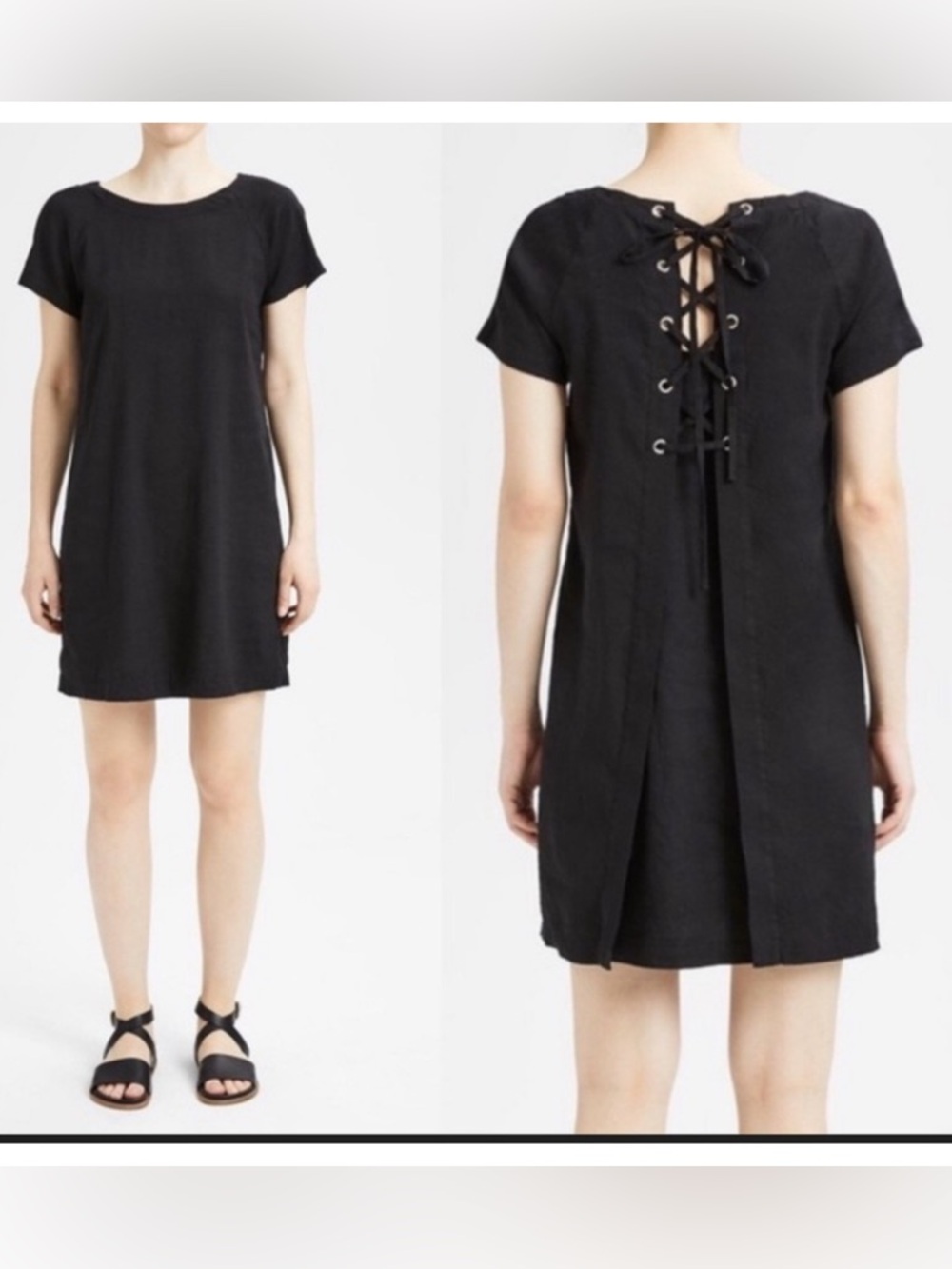 Theory Black Lace-Up Mini stretch linen Dress